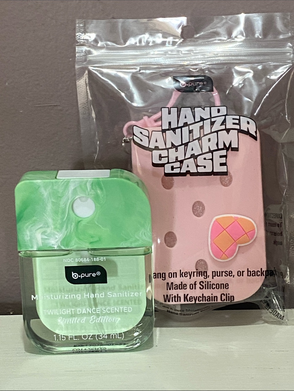 b.pure Green Twilight Dance Hand Sanitizer with Pink Silicone Charm Case